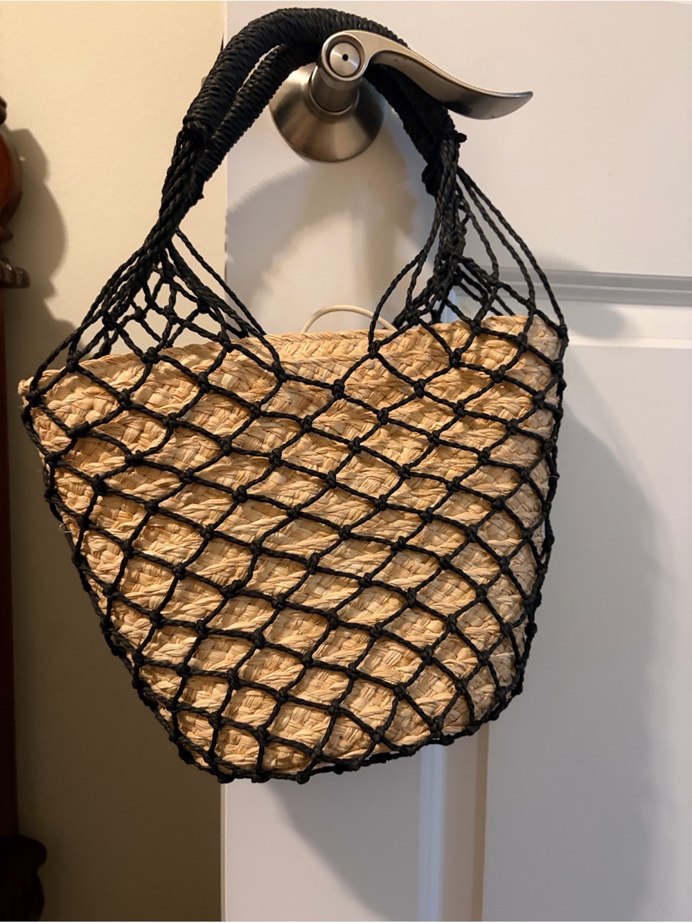 J. Crew Natural Straw Tote with Black Net Overlay